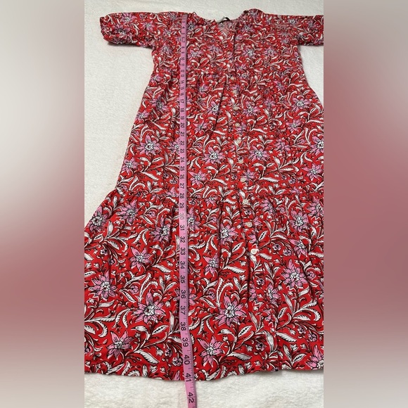 LOFT Red and White Boho Preppy Floral Tiered Ruffled Midi Dress with V-Neck - Picture 9 of 14
